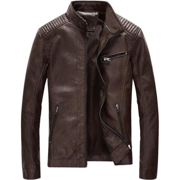 Leather Jacket Men Black Slim Coffee